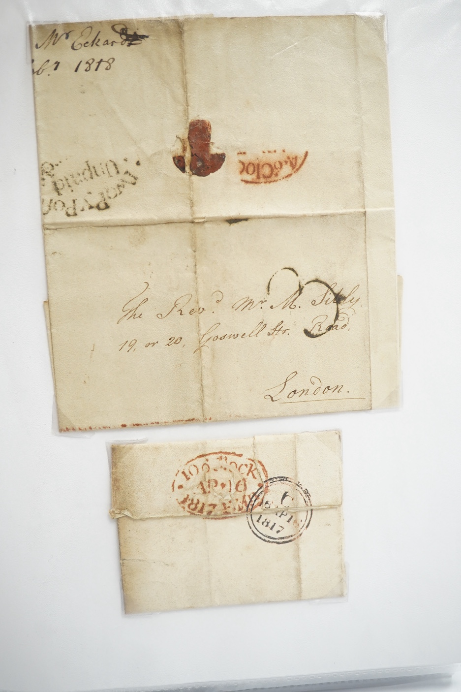 A collection of fifty early nineteenth century Georgian and Victorian franked postal covers, Victoria pre-paid ‘letter cards’ and post cards, railway Dividend Statement, Registered Letters, Fire Office statements, letter